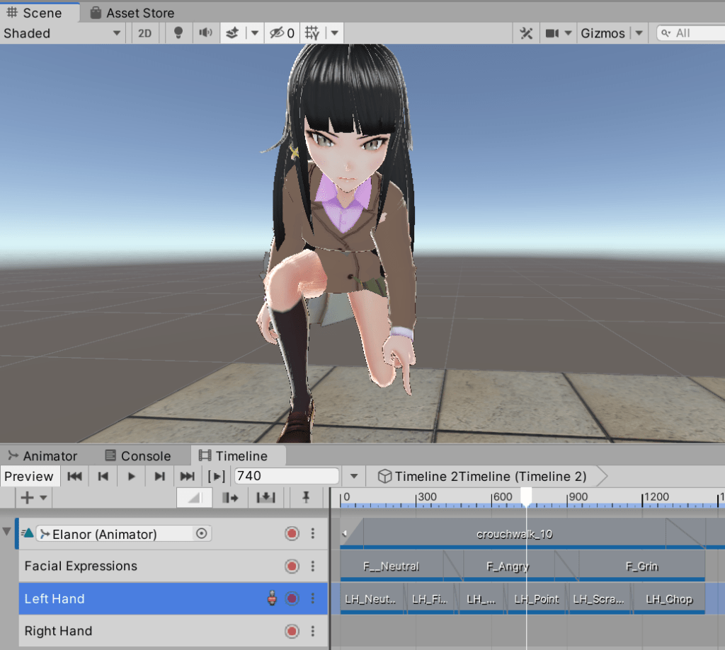 Timeline combining a base walk clip, an angry face override, and a left hand pointing clip