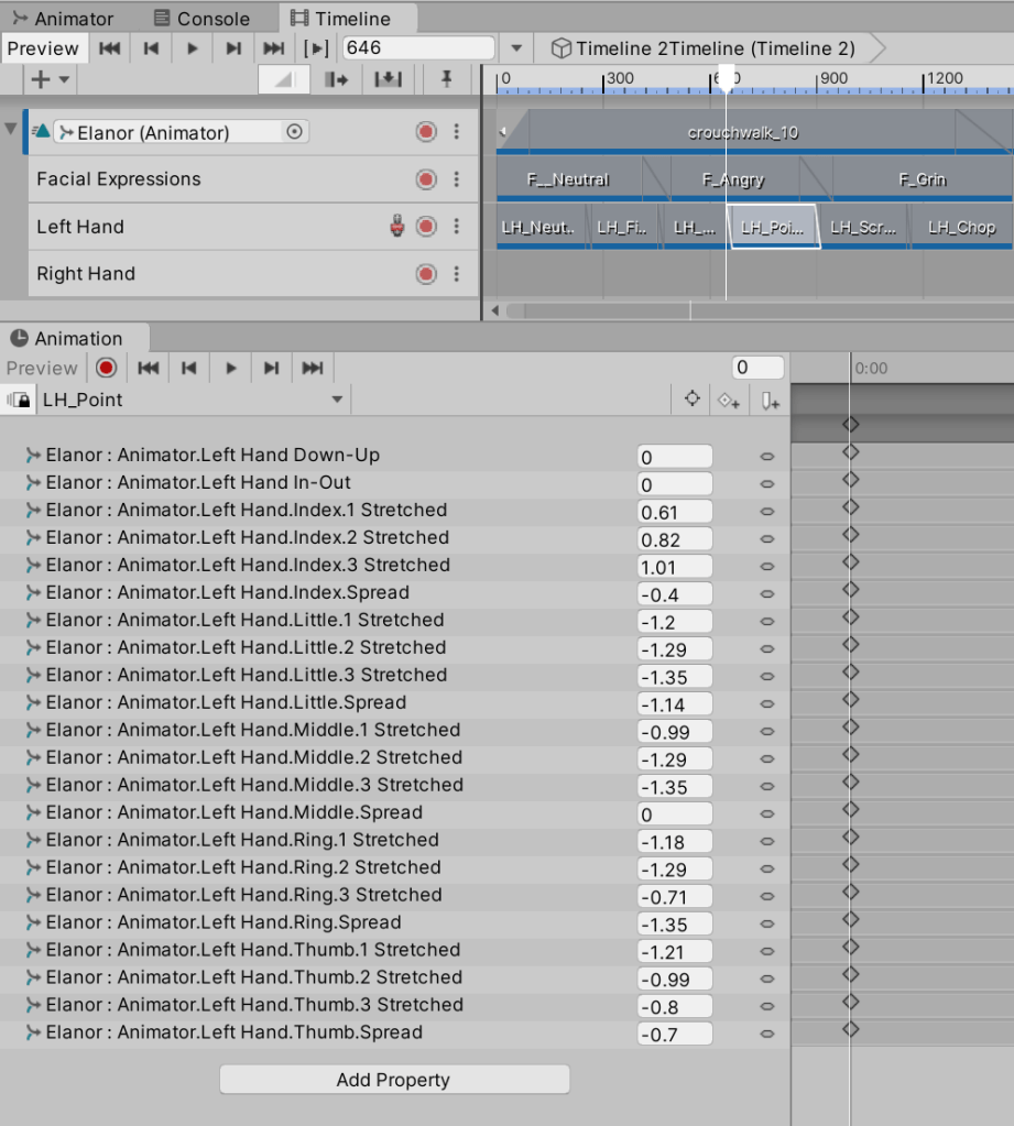 Animation window with finger joint values for a pointing hand clip and play head at the clip start
