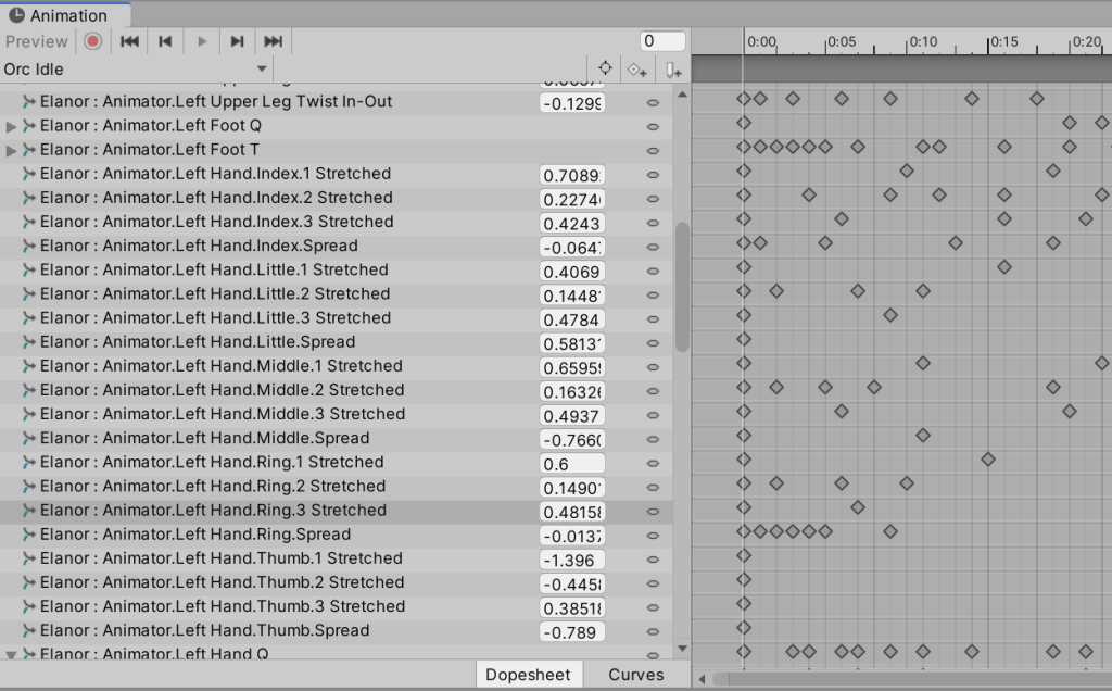 Orc Idle animation clip from mixamo showing avatar-based finger joint properties