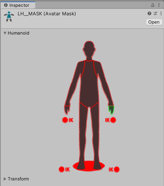 Avatar Mask asset opened in the Unity inspector panel