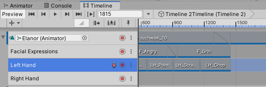 Selecting an override track in the Unity timeline