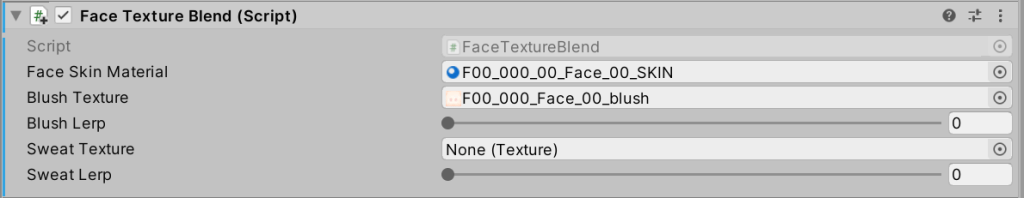 Unity inspector for the FaceTextureBlend script with secondary texture and lerp properties per expression