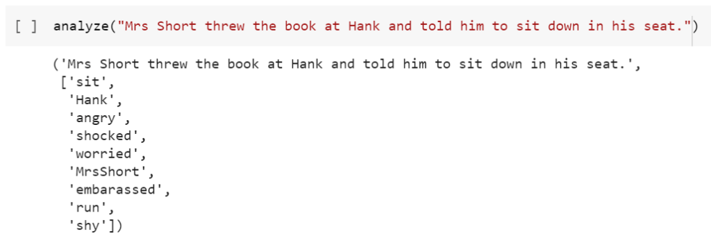 Classifier output where threw the book at Hank produced angry as the top emotion
