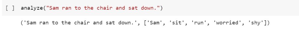 Classifier output for a simple sentence picking up Sam, sit, and run labels