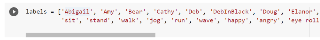 Python code defining a list of topic labels for character names, actions, and emotions