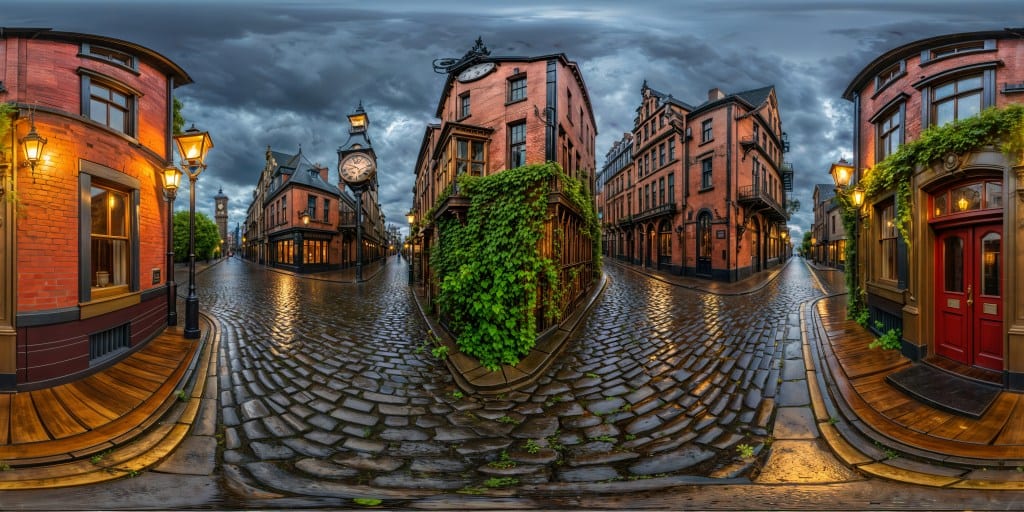 Equirectangular 360 panorama of English streets, stretched toward the top and bottom edges