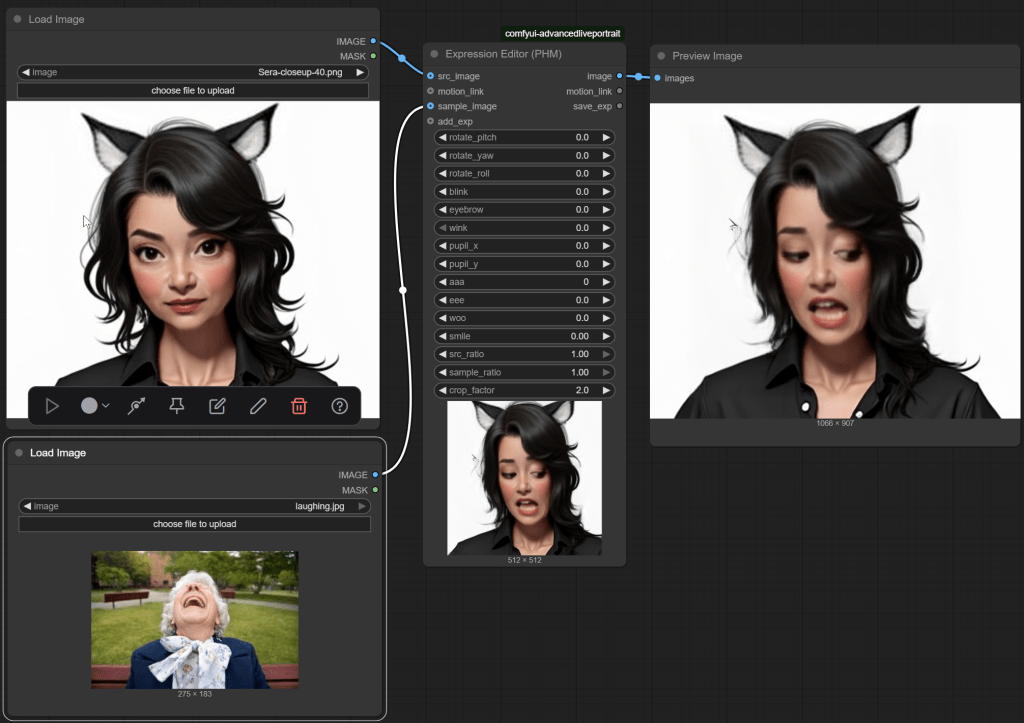 ComfyUI Expression Editor (PHM) applying a reference image expression to a character face