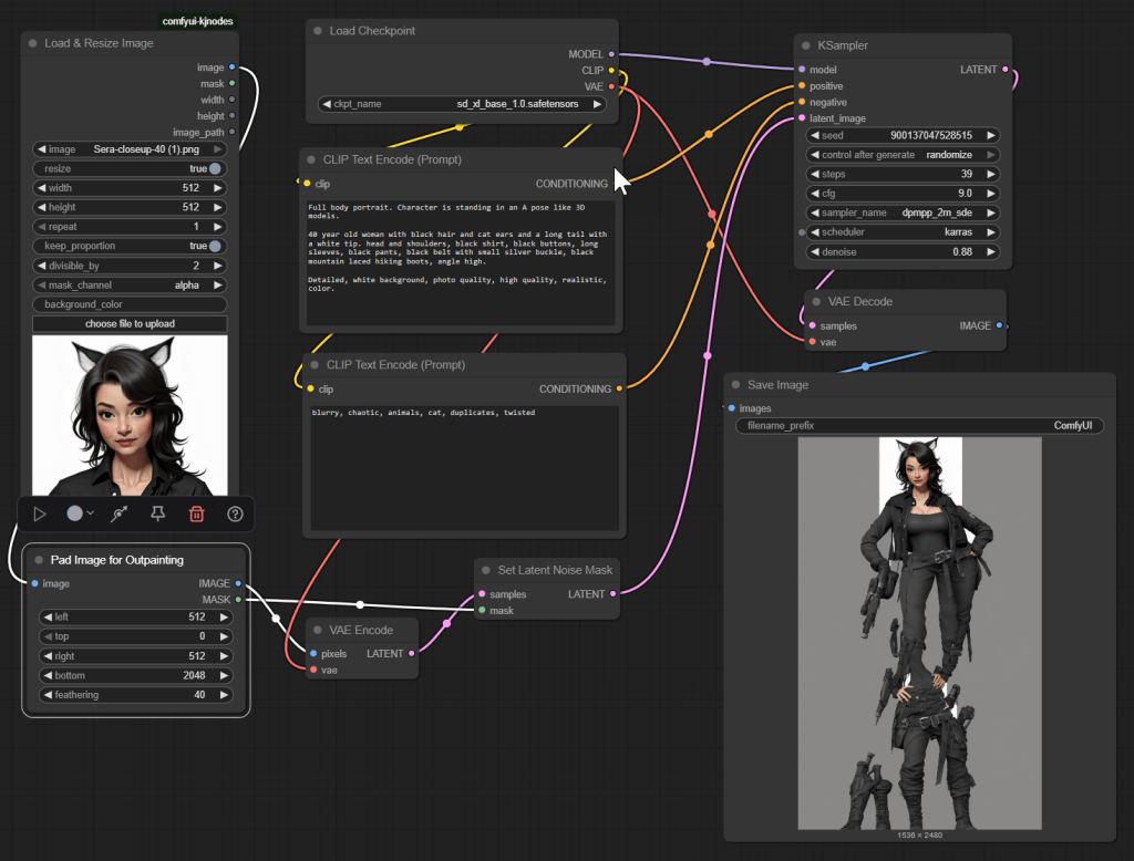 ComfyUI out-painting workflow attempting to expand a head shot to a full body, with poor results