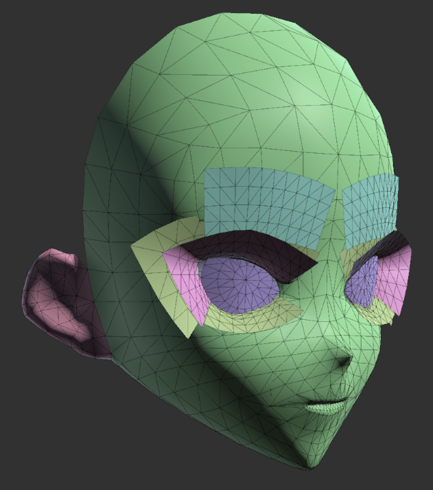 VRoid Studio face mesh showing the ten submeshes used for a character face