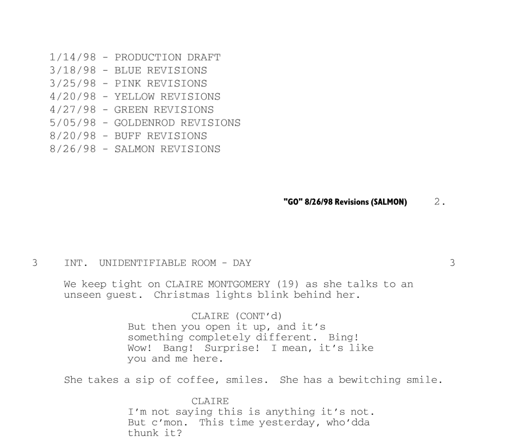 Sample shooting script with scene numbers and added camera instructions