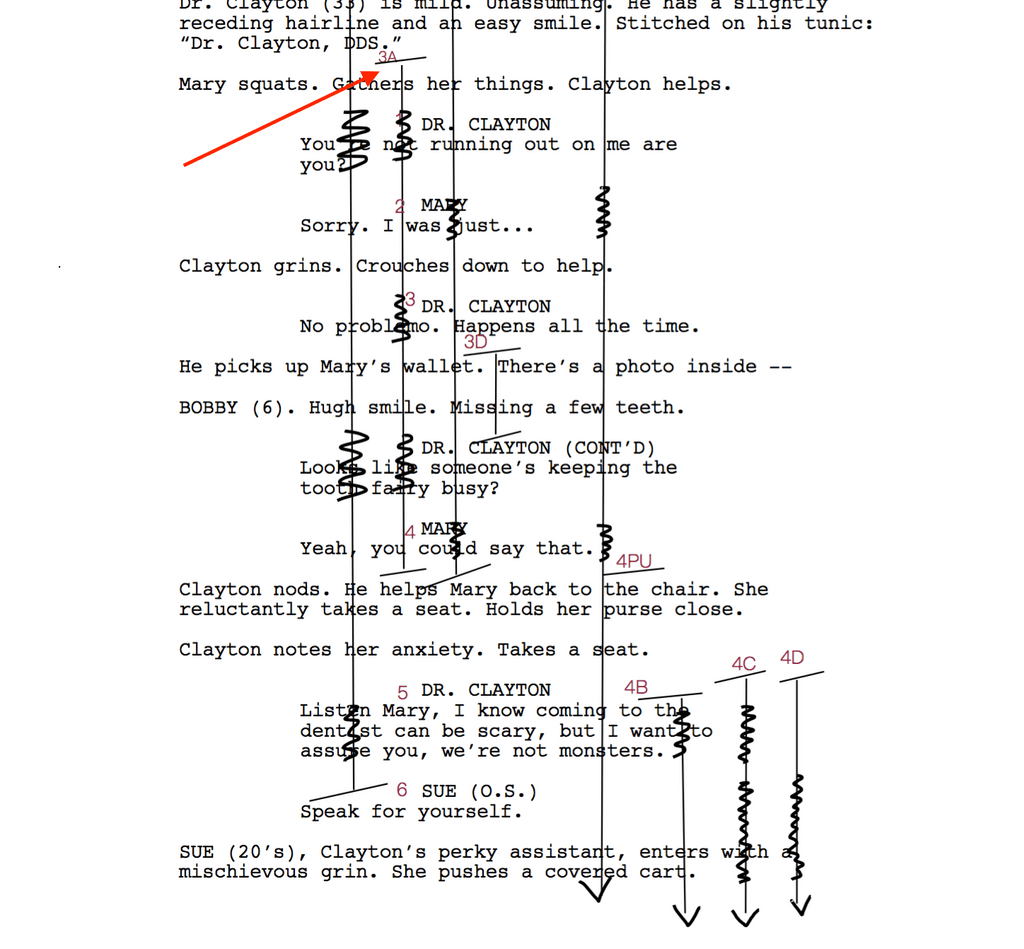 Lined script with vertical lines over a screenplay marking each recorded take