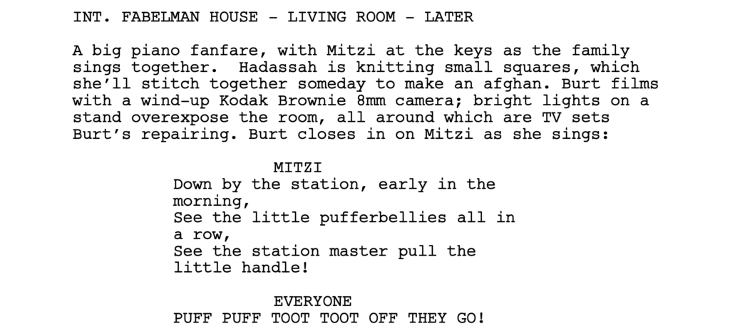 Example screenplay page showing scene headings, action, character names and dialog indentation