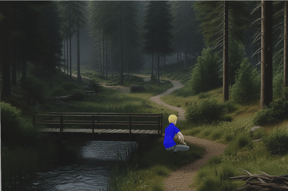 Character placed in front of the AI-generated forest background image