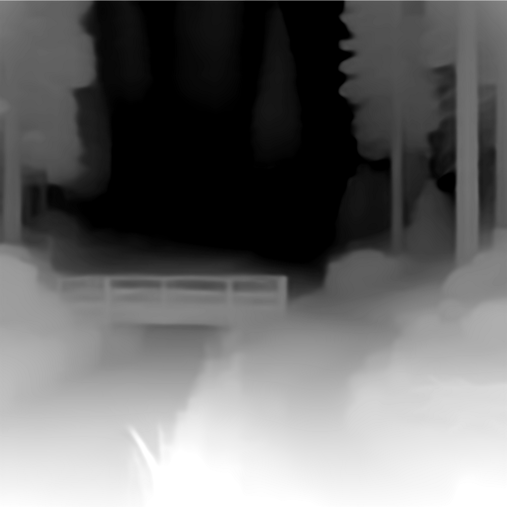 Depth map generated by ZoeDepth with light areas near the camera and dark areas further away