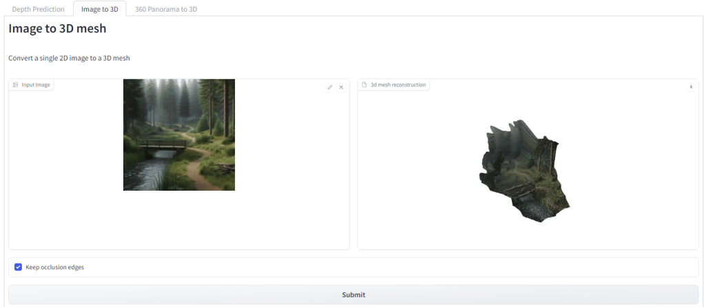 ZoeDepth Image to 3D tab showing a generated GLB file preview ready to download