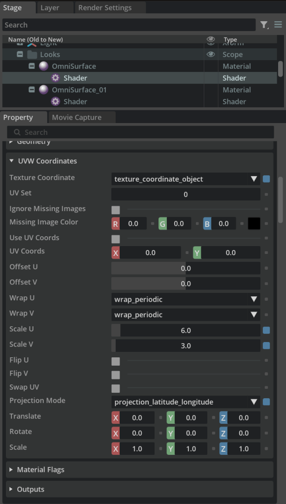 Texture settings with very different Scale U and Scale V values for the projected background image