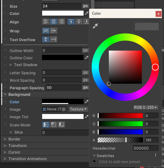 UI Builder Background properties with black color and alpha set to around 66 percent transparency