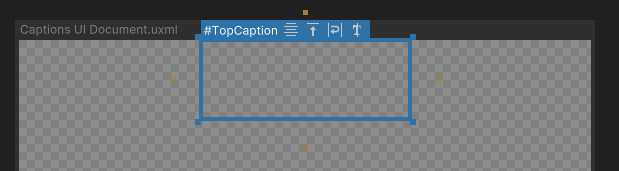 UI Builder viewport showing the caption label outline stuck to the top edge with Absolute position