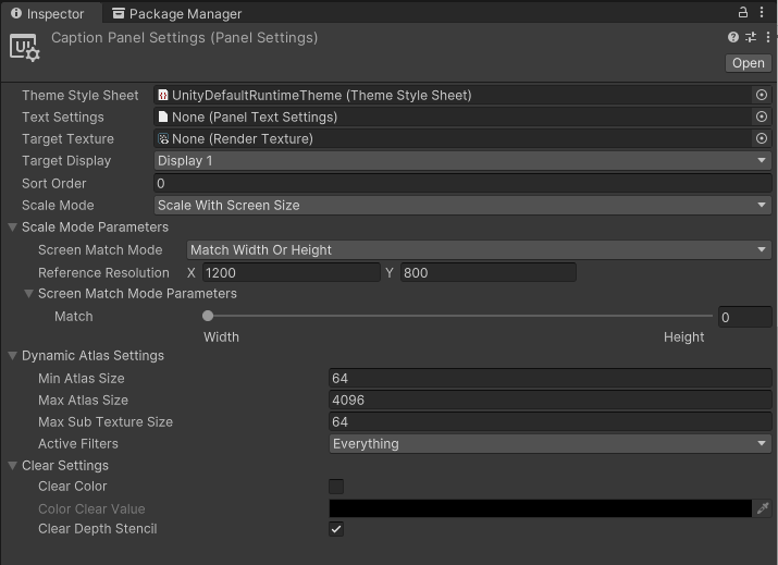 Panel Settings asset inspector showing Scale with Screen Size option