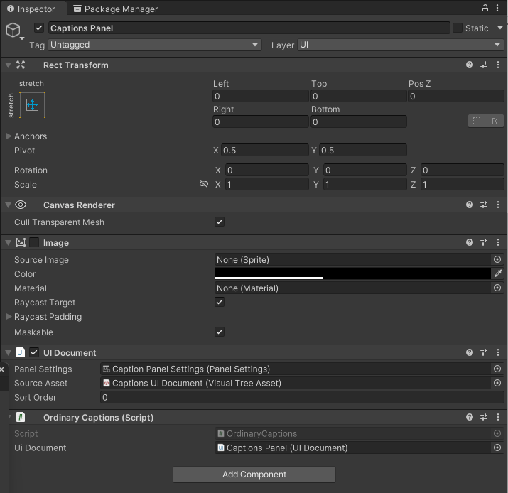 Panel inspector with disabled Image component plus added UI Document and caption script components