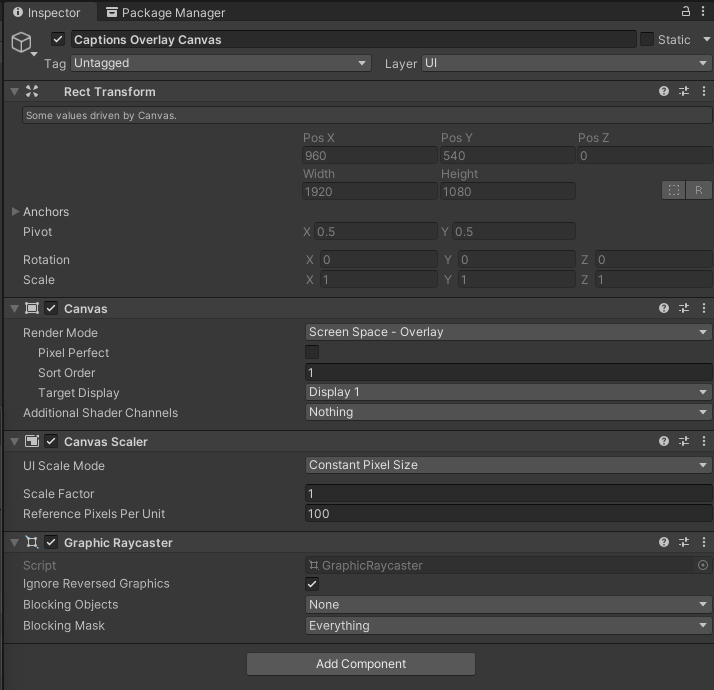 Canvas inspector with Render mode set to Screen Space - Overlay