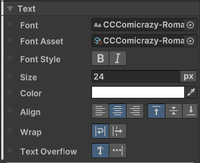 UI Builder text properties for the caption label including font, point size, color, and wrapping