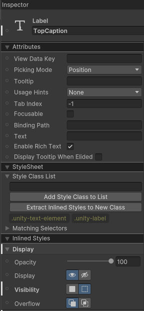 UI Builder settings for the top caption label with Visibility set to off