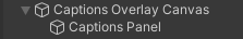 Unity scene hierarchy showing renamed Canvas and Panel game objects for captions