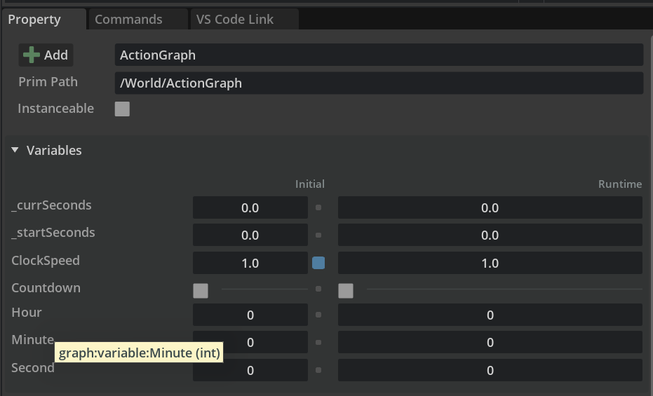 Omniverse action graph variable showing its initial and current runtime values