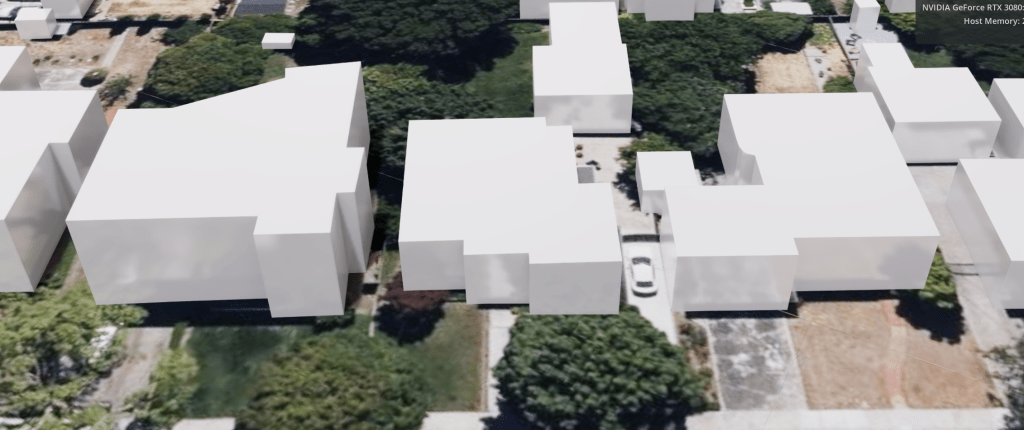 Omniverse with the Cesium extension showing a 3D world model with overlaid buildings from satellite imagery
