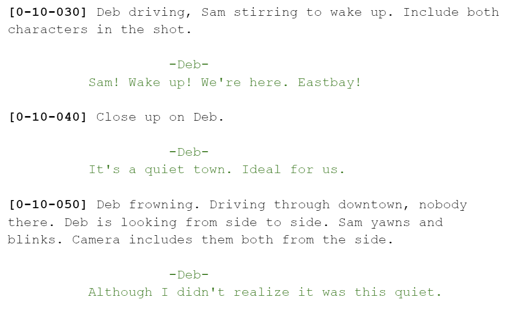 Fragment of a screenplay using markdown-like syntax for camera shots and dialog