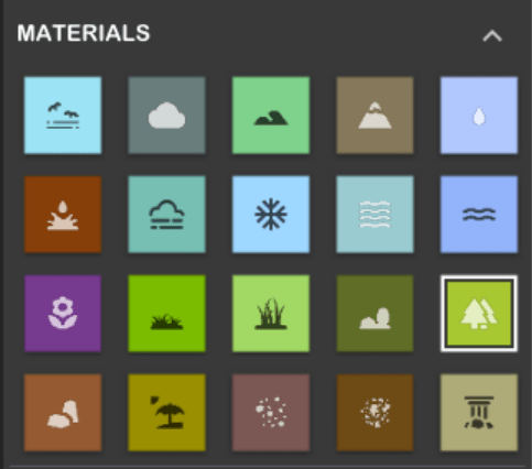 NVIDIA Canvas material palette mapping colors to terrain types like sky, water, mountains, and grass