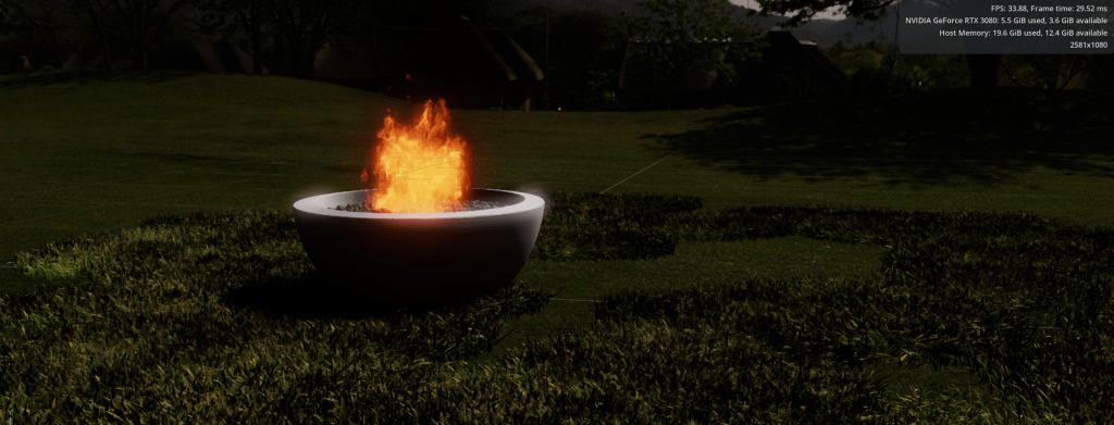 3D scene with a firepit and grass in front of a Canvas-generated 360 background of distant trees, buildings, and mountains