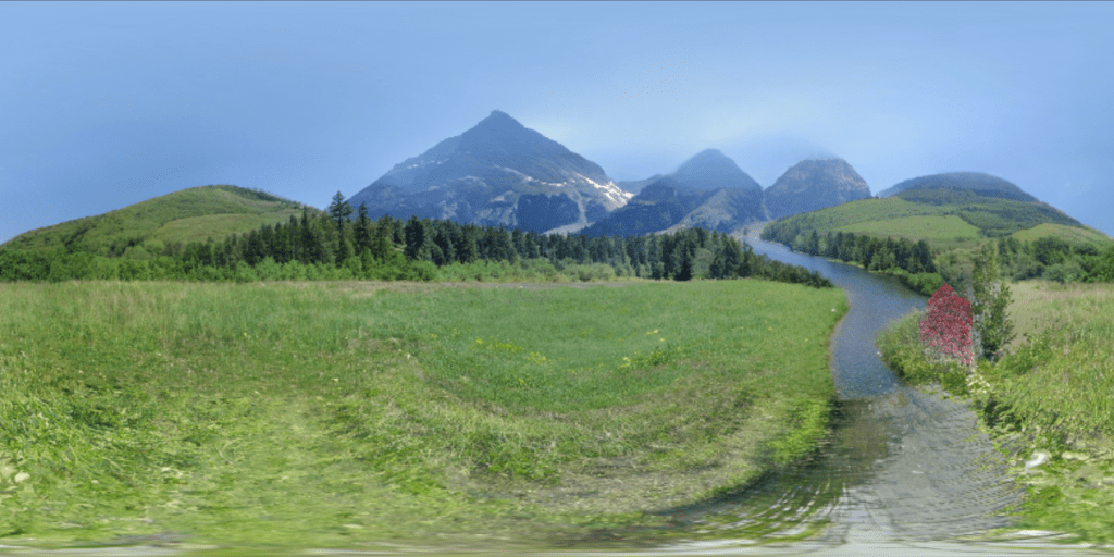 Realistic 360 landscape image generated by NVIDIA Canvas from the sketch