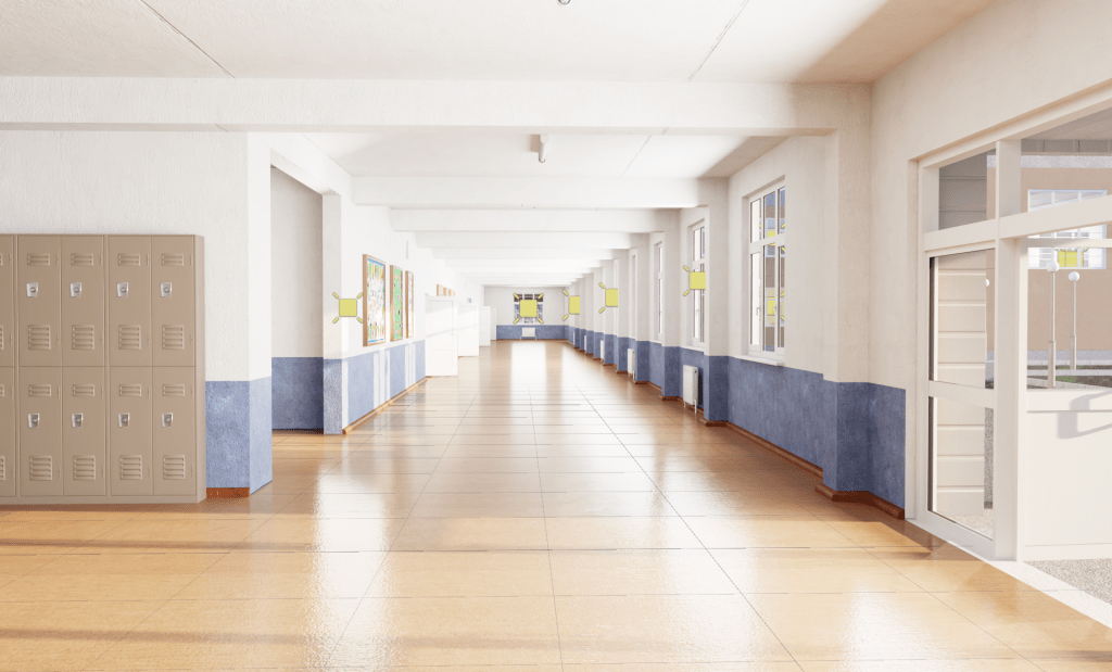 Corridor in Omniverse RTX path-traced renderer, brighter with fake light panel reflections on the floor