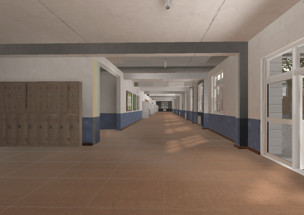 School corridor interior rendered with Unity built-in pipeline