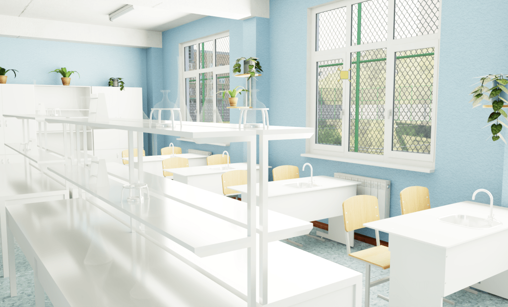 Science classroom in Omniverse RTX path tracing with transparent glass containers and fixed right wall shadows