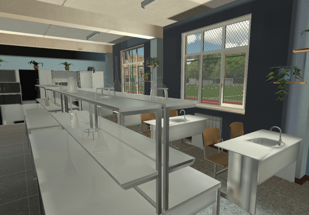 Science classroom with glass beakers in Unity built-in pipeline, odd shadows on the front desk