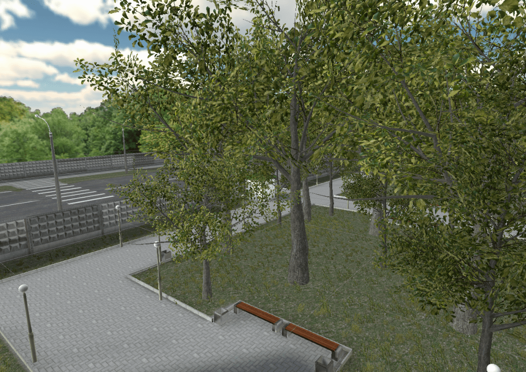 School front yard viewed from the roof in Unity built-in render pipeline, trees and road