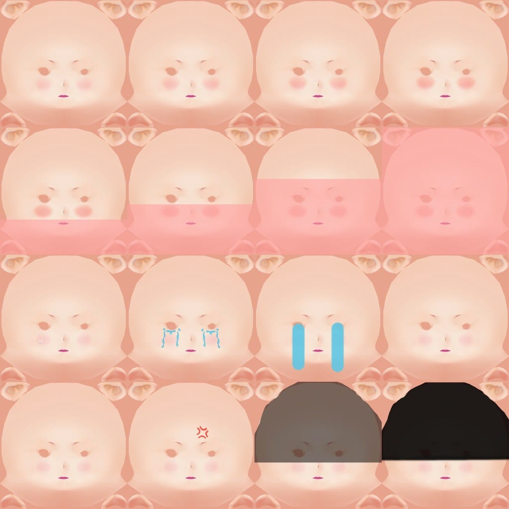 Tiled face skin texture with different levels of blush and tears