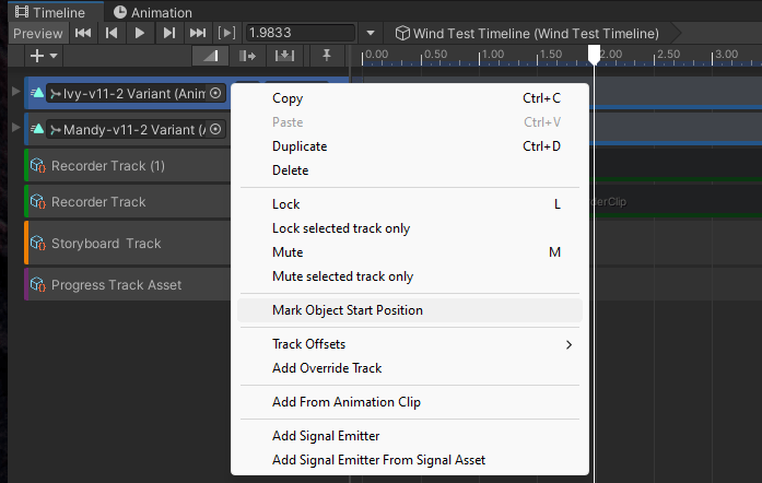 Animation track right-click menu with Mark Object Start Position selected