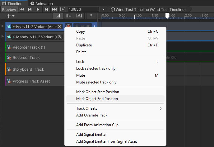 Animation track right-click menu with Mark Object End Position selected