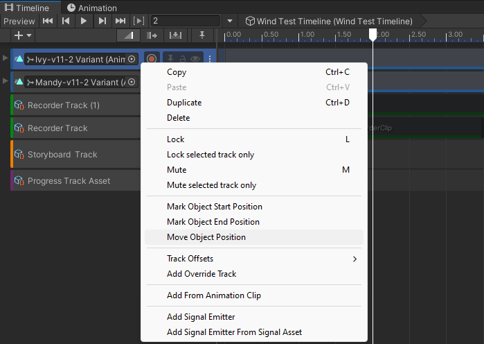 Animation track right-click menu with Move to Position selected