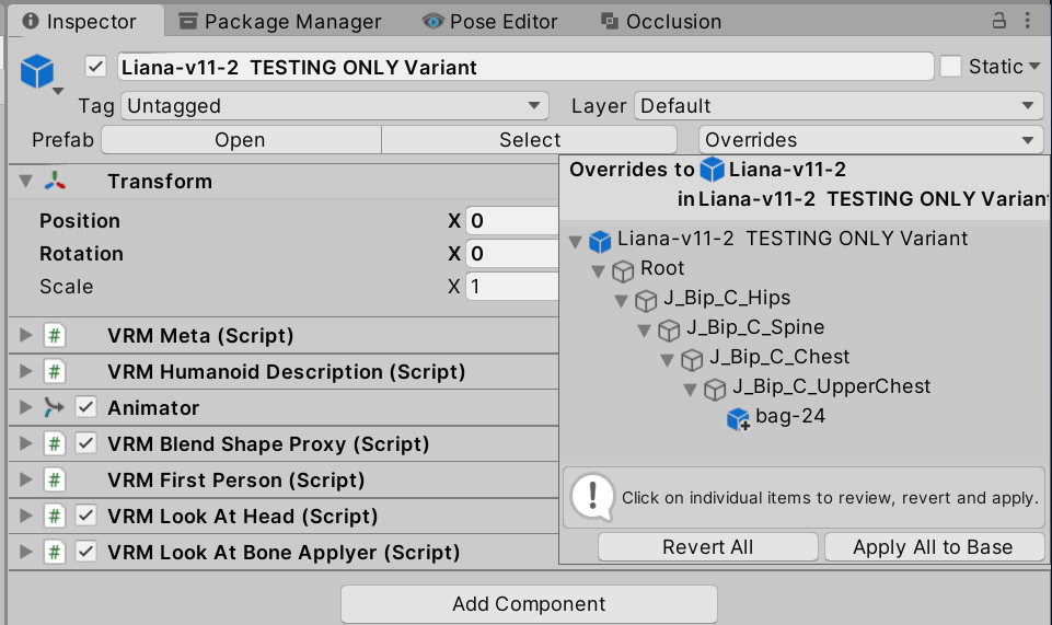 Unity inspector showing the variant's single override that adds the bag