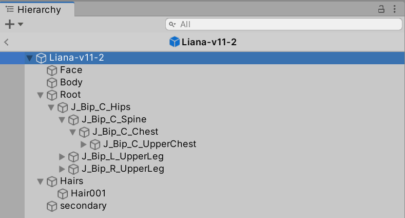 Unity prefab opened showing the game object hierarchy of a VRoid character with face, body, and hair children