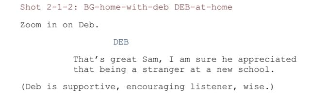 Screenplay shot with background notes shot directions and indented character dialog