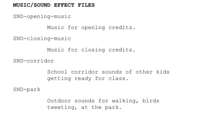 List of music and sound effect files needed for the play
