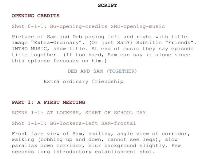 Script showing part scene and shot numbering with asset file labels