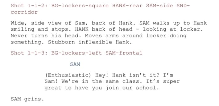 Screenplay dialog formatted with indented character names and voice instructions in parentheses