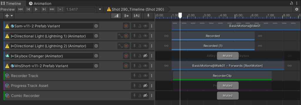 Unity Timeline showing yellow warning triangles on track bindings that need to be relinked